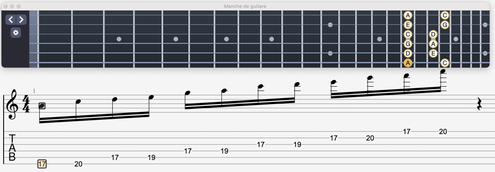 schéma de la ciquième position de la gamme pentatonique majeure à la guitare