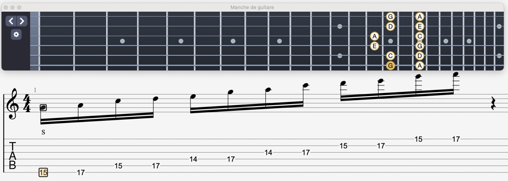 schéma de la cinquième position de la gamme pentatonique mineure à la guitare
