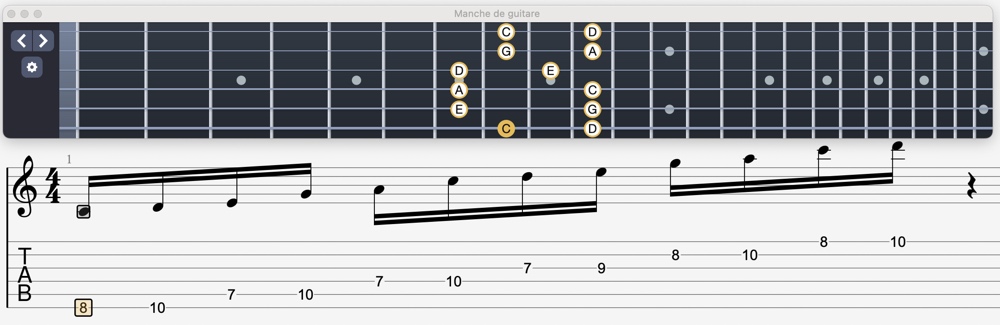 schéma de la deuxième position de la gamme pentatonique mineure à la guitare