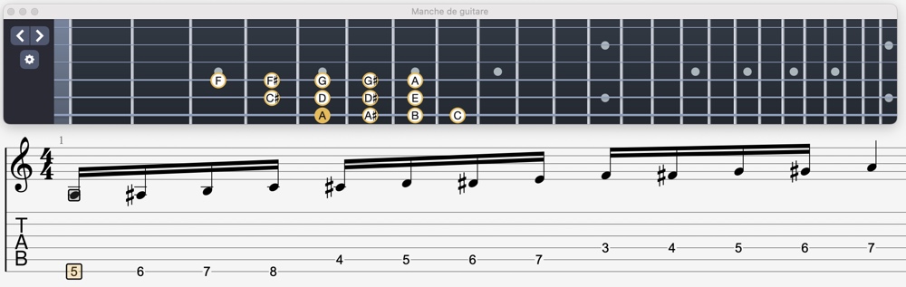Position de la gamme chromatique en La à la guitare