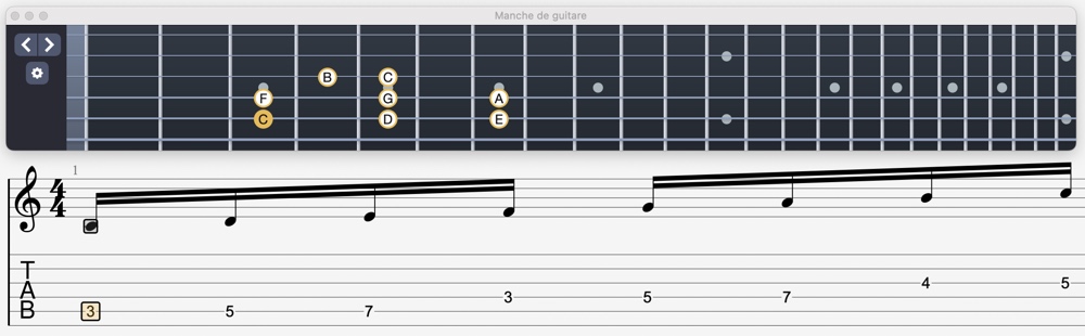 Position gamme majeure de Do en 3 notes par corde à la guitare