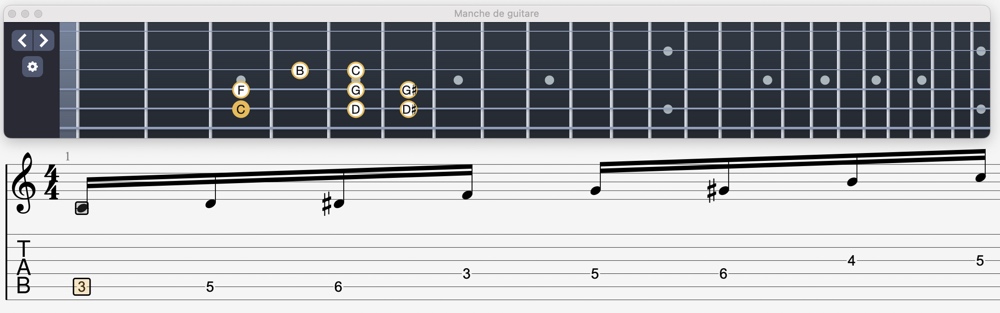 Position de la gamme mineure harmonique de Do à la guitare