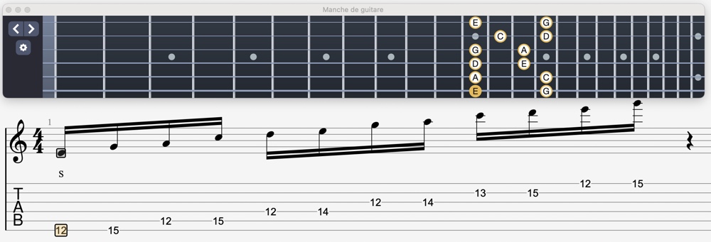 schéma de la quatrième position de la gamme pentatonique mineure à la guitare